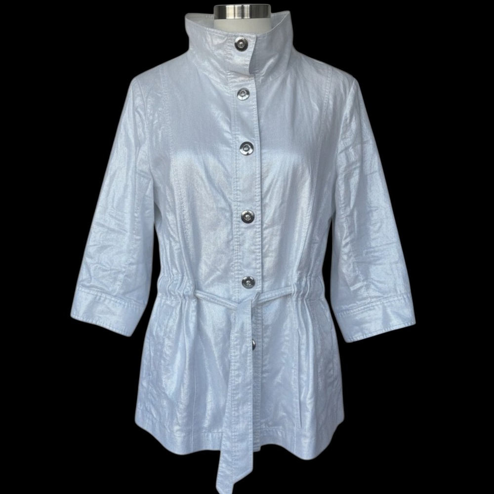 Lafayette 148 Ivory Metallic Linen High Neck Anorak Belted 3/4 Sleeve Jacket